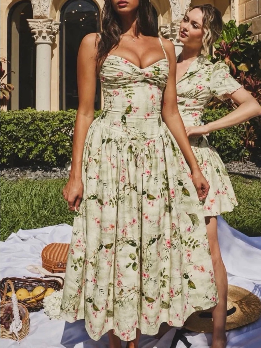 Jacinda Green Floral Print Ruched Breast Linen Midi
Dress